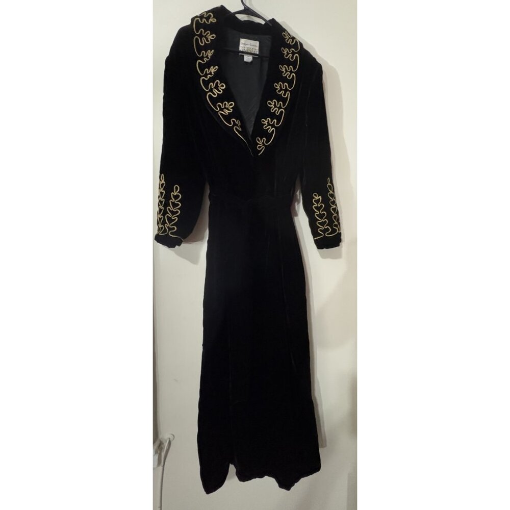 Georgette Trabolsi Open Velour Satin Lined Long Robe sz L black gold Vintage